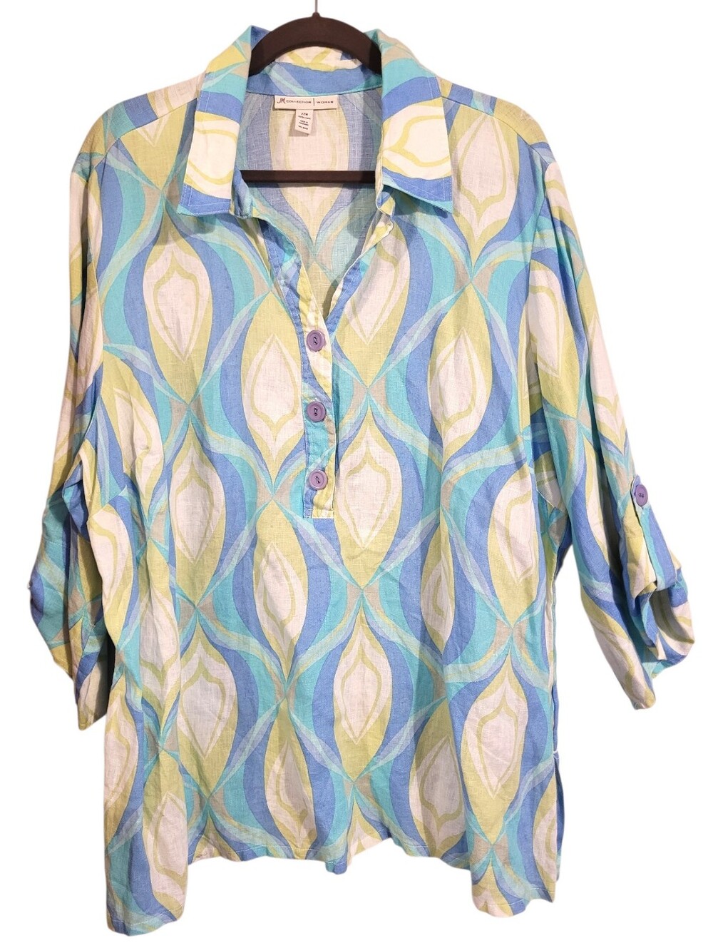JM Collection Wmn 22W 100% Linen 3/4 Roll-tab Sleeve Tunic Top Geometric Coastal
